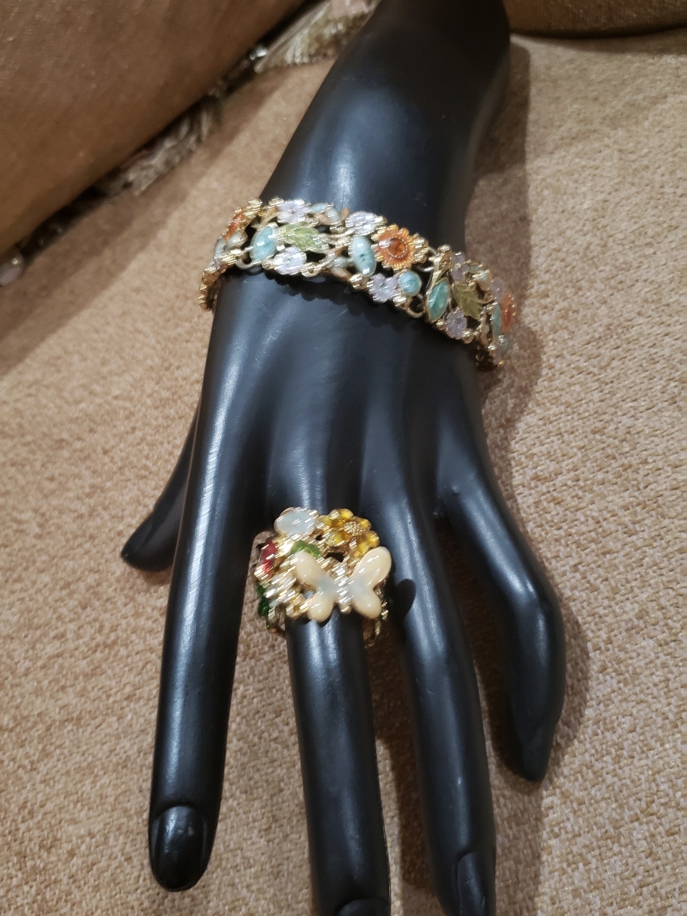 Gold-Tone Floral Enamel Bracelet and Butterfly Ring Set